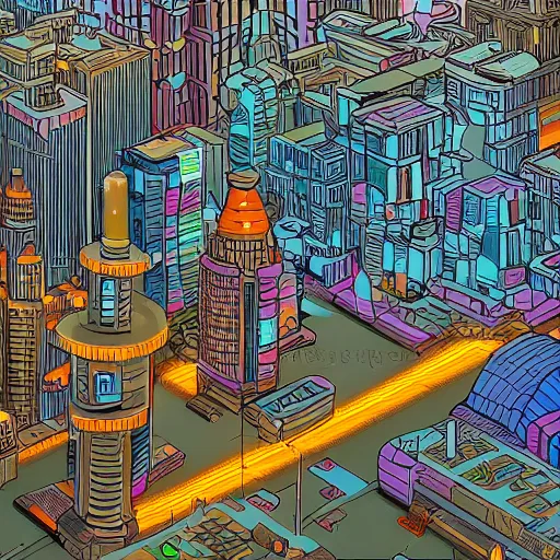 Prompt: illustration of a city in the future with lot of building and technology, Moebius, 8k, details, complex lightning, neon