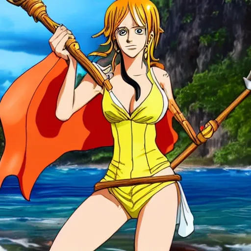 Prompt: A full body portrait of emma watson as Nami from one piece holding a trident in one hand, leage of legends