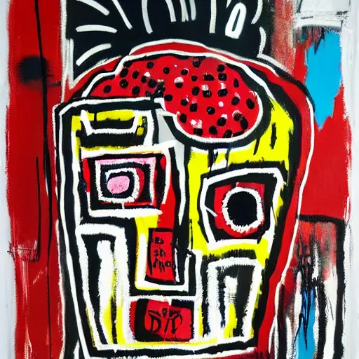 Prompt: “berries, diamonds, pigs, weeds, bagels, Acrylic, spray paint and oilstick on canvas, by Jean-Michel Basquiat”