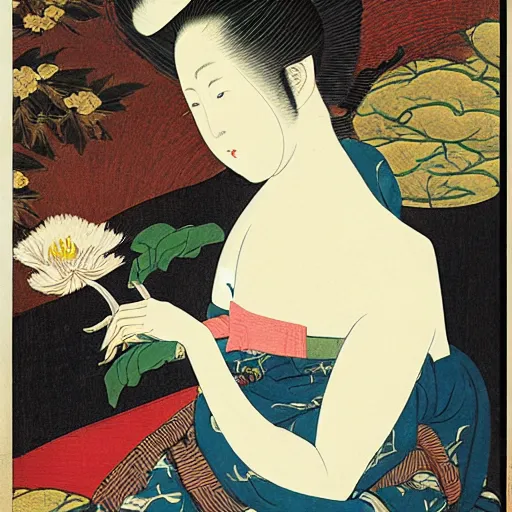 Image similar to Renaissance oil painting, ukiyo-e, surreal, manga young lady flowers