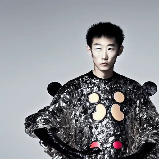 Image similar to a beautiful young japanese male wearing iris van herpen mickey mouse couture, photographed by erwin olaf