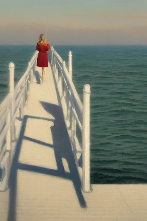 Image similar to painting of a woman standing at the end of a pier, the pier is white and has white railing, she is visible from behind and from distance, the sea surrounding the pier is calm, soft evening light, volumetric lighting, style of greg rutkowski