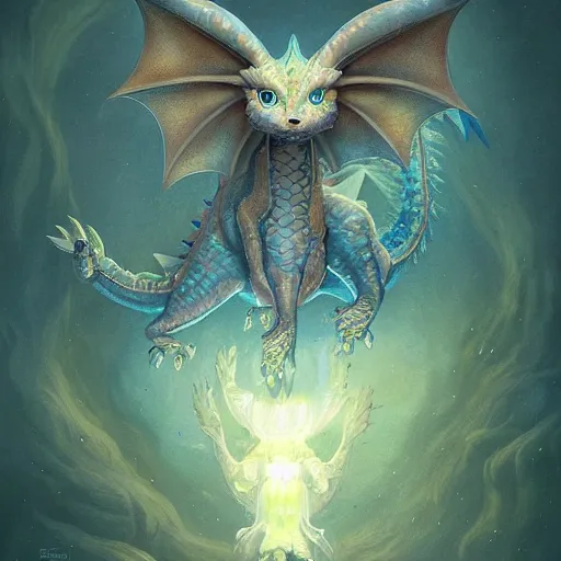 Image similar to a hyperrealistic illustration of a cute and tiny dragon that glows in the dark, dragon baby, glow in the dark, fractal moonlight, little dragon with glowing scales, award - winning, masterpiece, in the style of tom bagshaw, cedric peyravernay, peter mohrbacher