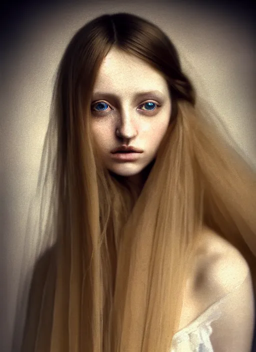 Image similar to portrait photography of a beautiful woman how Degas beauty type in style of Paolo Roversi, britt marling style 3/4 , natural color skin, hyper realistic eyes, long blond hair with intricate ornamental hairstyle, a beautiful ethereal transparent dress, 8K, soft focus, melanchonic soft light, volumetric lighting, highly detailed Realistic, Refined, Highly Detailed, natural sunset outdoor lighting, soft pastel lighting colors scheme, soft blur outdoor lighting, fine art fashion photography