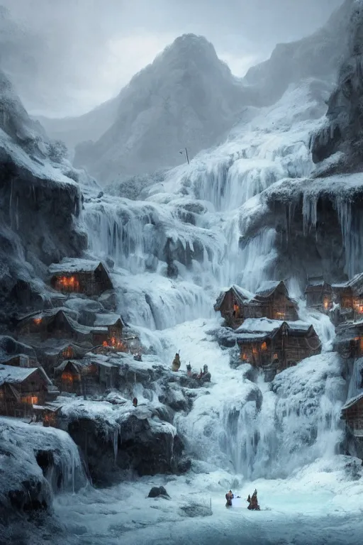 Image similar to mountain village with wooden viking houses on top of a waterfall in the snow, blizzard, a small stream runs beneath the waterfall, iceicles, landscape, raphael lacoste, eddie mendoza, alex ross, concept art, matte painting, highly detailed, rule of thirds, dynamic lighting, cinematic, detailed, denoised, centerd