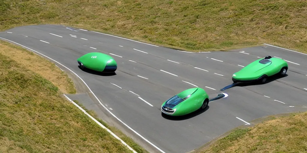 Prompt: ”car made of peapod driving in a highway”