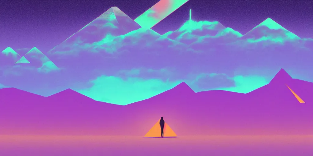Prompt: purple digital desert, dawn, man in holographic coat, pyramids on the horizon, abstract holographic pastel, 1 9 8 0 s retro futuristic art, synthwave, vaporwave style
