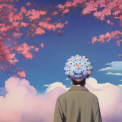 Image similar to a man walking on clouds away from the camera above kyoto by takashi murakami, beeple and james jean, aya takano color style, 4 k, super detailed, modern, 4 k, symmetrical