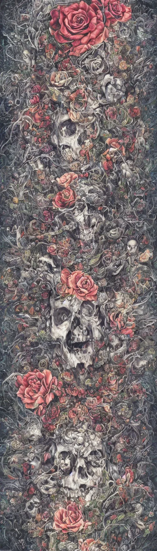 Prompt: the ghost in the machie, dense web of neurons firing, psychedelic lights and fog, skull and roses and gnr imagery, zdzislaw, ayami kojima, yamamoto, barclay shaw, karol bak, hyperrealist, 8 k