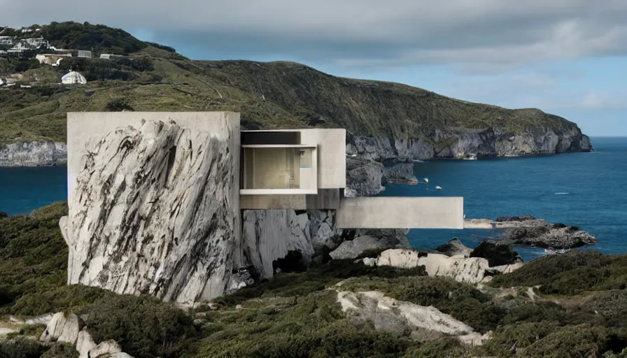 Image similar to bond villain base perched on a cliff overlooking a magnificient bay, brutalism architecture on cliffs, drawing architecture, pritzker architecture prize, greig fraser