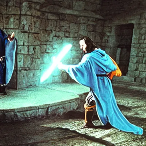 Image similar to medieval man with a light blue hood fighting a flying skeleton witch, 1 9 9 1, movie still
