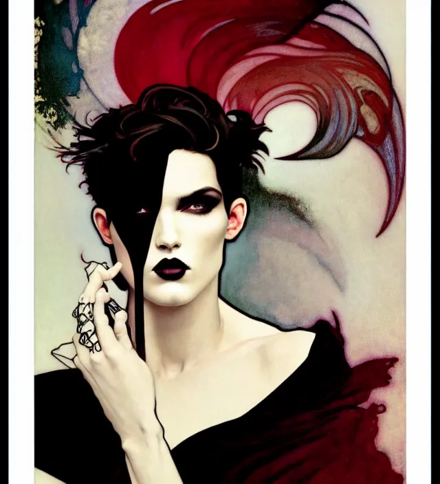 Image similar to stunning portrait of highly details androgynous ruby rose as desire from sandman, rockabilly style, by ego shield, by alphonse mucha, by jeremy mann, by peter lindbergh, dave mckean, by maurice sapiro, by frank moth, white suit and black tie, soft lightning, high detailed, 8 k