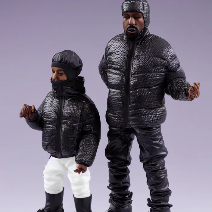 Image similar to a goodsmile figure of kanye west using full face - covering mask with small holes. a small, tight, undersized reflective bright blue round puffer jacket made of nylon. a shirt underneath. black jeans pants made of nylon. a pair of big rubber boots, figurine, detailed product photo, professional photo, full body and face, studio lighting, studio photo