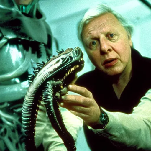 Prompt: cinematic still of sir david attenborough holding a xenomorph larva in awe in 1 9 7 9 movie alien, hd, 4 k