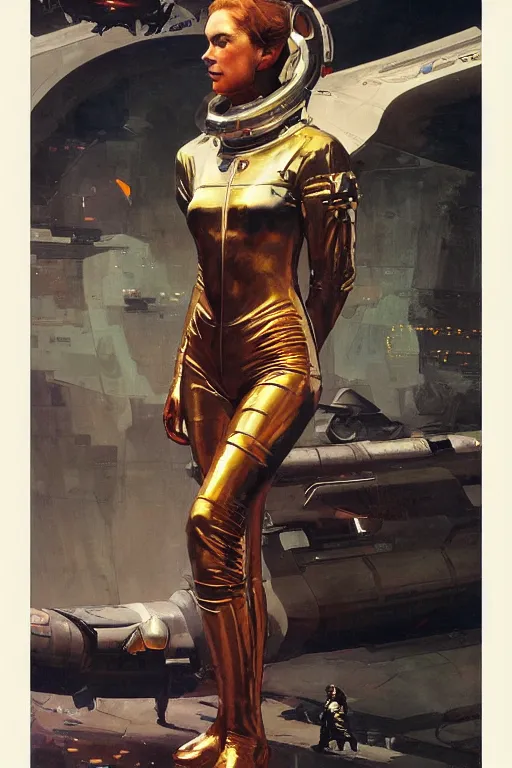 Image similar to pulp scifi fantasy illustration full body portrait of elegant woman wearing latex spacesuit, by norman rockwell, jack kirby, bergey, craig mullins, ruan jia, jeremy mann, tom lovell