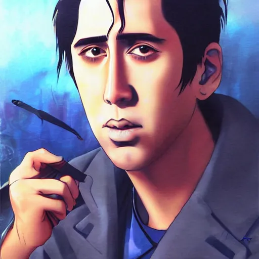 Prompt: beautiful amazing anime portrait painting of nicholas cage in tokyo. by satoshi kon, hayao miyazaki, kuvshinov ilya, lariennechan, aokamei