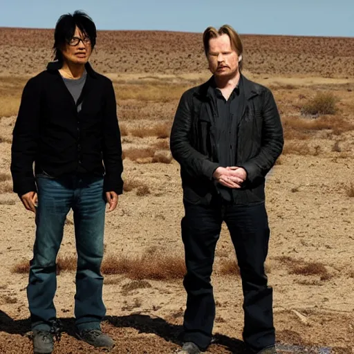 Image similar to Hideo Kojima and Christopher Nolan in Breaking Bad film still