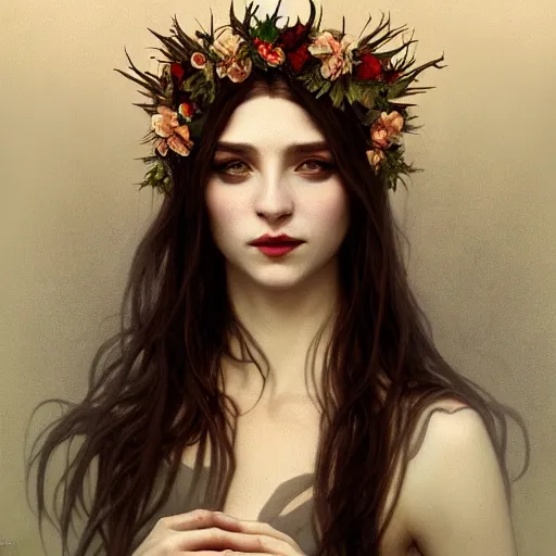 Image similar to portrait of beautiful vampire, flower crown, thorn everywhere, headshot, pale skin, 4k, rule of thirds, extreme detail, detailed drawing, trending artstation, hd, fantasy, D&D, realistic lighting, by Alphonse Mucha, Greg Rutkowski