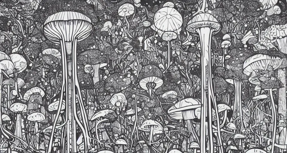 Image similar to Space Needle in a forest of giant mushrooms, by james jean