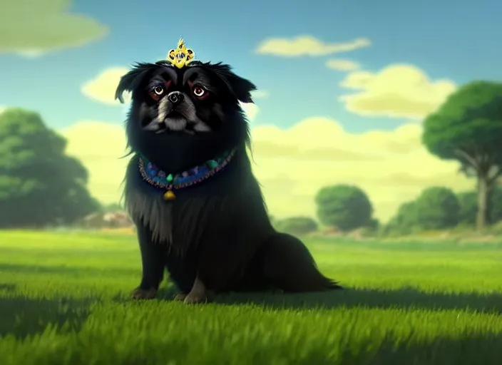 Image similar to a wholesome animation key shot of a black tibetan spaniel, wearing a crown, green field, studio ghibli, pixar and disney animation, sharp, rendered in unreal engine 5, anime key art by greg rutkowski, bloom, dramatic lighting