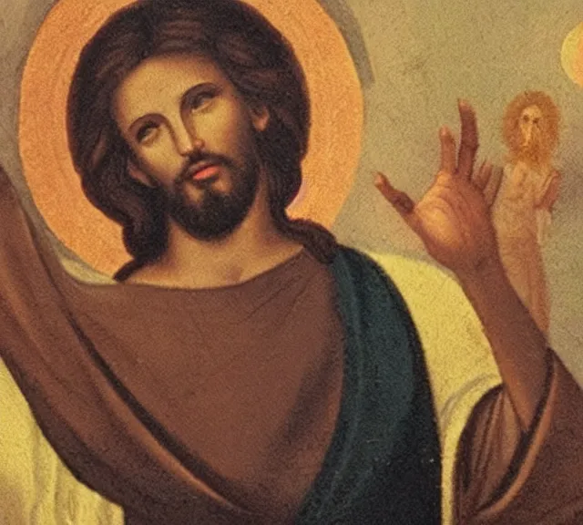 Prompt: poor camrea quality, Jesus taking a selfie in heaven