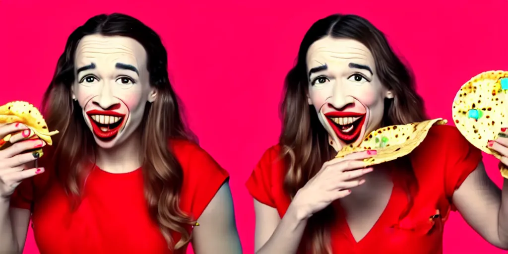 Image similar to old distorted camcorder video of miranda sings holding a taco, multiple poses, video still from miranda sings youtube videos