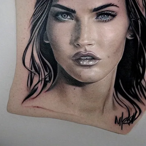 Image similar to hyper realism tattoo sketch of megan fox face professional double exposure art with beautiful mountain scenery, in the style of matteo pasqualin, amazing detail, sharp, faded