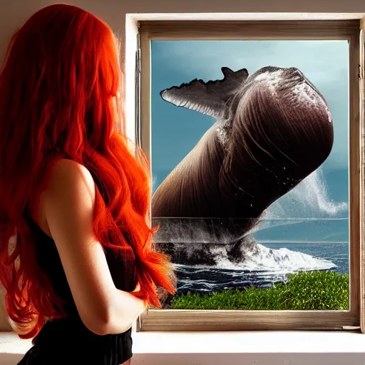 Image similar to a hyper realistic image of a very beautiful red haired girl standing near a window, she is facing the camera, a humpback is flying in the sky