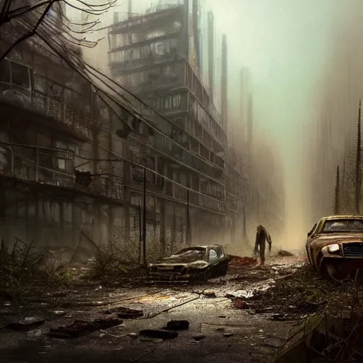 Image similar to postapocalyptic city of munic!!!, wild forest!!! vegetation!!!, rubble!!, rusty bmw cars!!, hyperrealistic, highly detailed, cinematic, foggy light from fires, beautiful, cgssociety, artstation, 8 k, oil painting by greg rutkowski, by artgerm, by wlop