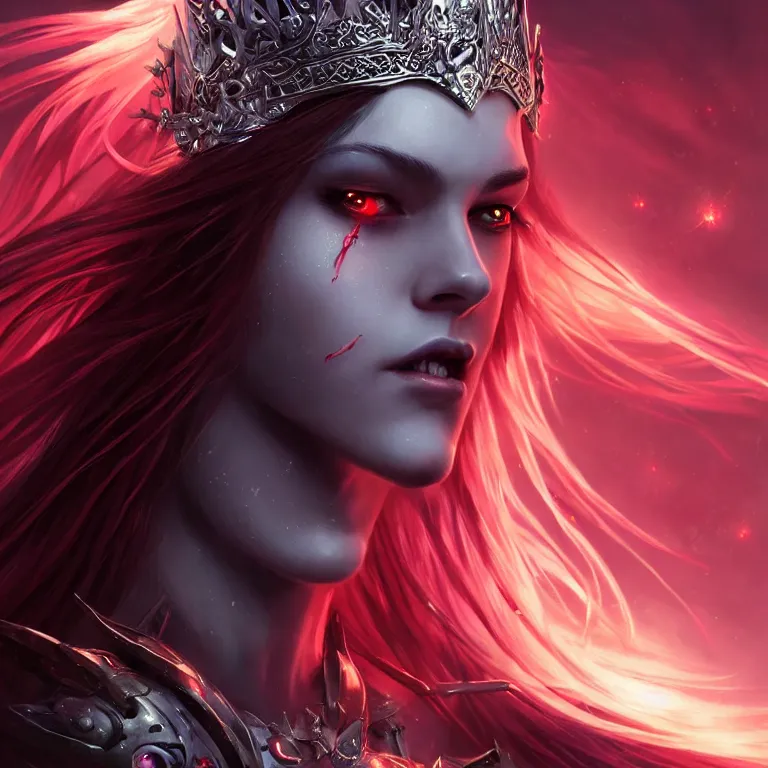 Image similar to beautiful cinematic fantasy poster, beautiful female cyborg vampire wearing a jeweled silver crown with brilliant silver flowing hair, beautiful red glowing eyes, wideshot ultrawide angle epic scale, hybrid from The Elden Ring and art direction by Darius Zawadzki ;by artgerm; wayne reynolds art station; cinematic quality character render; low angle; ultra high quality model; production quality cinema model;