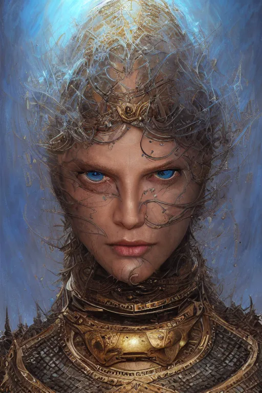 Prompt: realistic detailed painting of freman from Arrakis, blue eyes, woven armour, intricate complexity, golden ratio, Kojima, Amano, Charlie Bowater, Karol Bak, Greg Hildebrandt, Jean Delville, and Mark Brooks, Neo-Gothic, gothic, rich deep colors