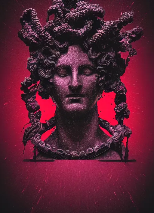 Image similar to dark design poster showing a statue of dionysus, black background with very subtle red and purple design elements, powerful, nekro, vito acconci, thin straight lines, dark, glitch art, neo vaporwave, gritty, layout frame, square, trending on artstation