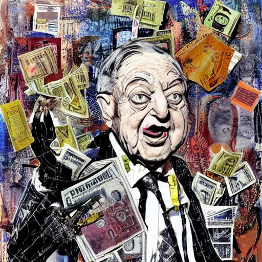 Image similar to George Soros full body shot, dollar bills Body horror, biopunk, by Ralph Steadman, Francis Bacon, Hunter S Thompson