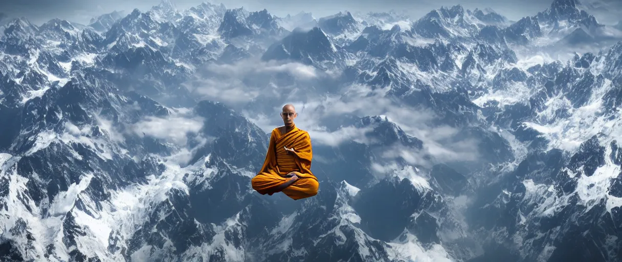 Image similar to buddhist monk in lotus position flying in front of camera over himalaya mountains lake in weightlessness, small foggy and blue gloomy, bokeh background, highly detailed science fiction illustration by jeremy geddes. photorealistic, octane render, hyper detailed, 8 k, movie still, artstation, unreal engine