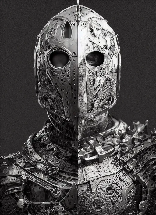 Image similar to portrait of king arthur knight cyborg, studio portrait against a black background, modern fine art, fractal, intricate, elegant, highly detailed, digital photography, subsurface scattering, in the style of ghost, by jheronimus bosch and yue minjun and greg rutkowski,