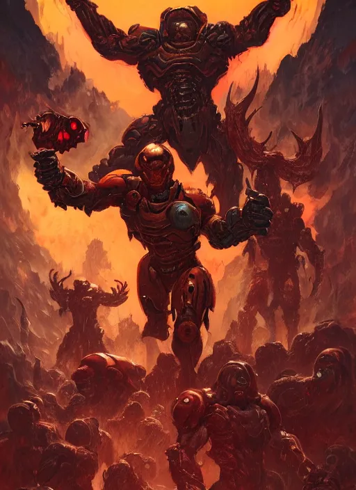 Image similar to ( doom ) cover featuring doom slayer!! by kenneth scott and frank frazetta, artstation, vivid gaze