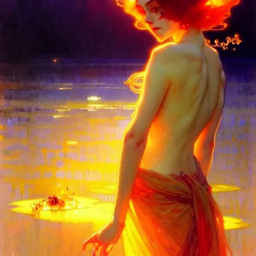 Image similar to sea of glossy liquid honey drops flowing like translucent amber, backlit, sunset, refracted lighting, art by collier, albert aublet, krenz cushart, artem demura, alphonse mucha