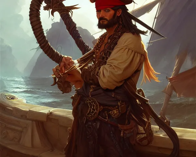 Image similar to male pirate at the helm, deep focus, d & d, fantasy, intricate, elegant, highly detailed, digital painting, artstation, concept art, matte, sharp focus, illustration, hearthstone, art by artgerm and greg rutkowski and alphonse mucha