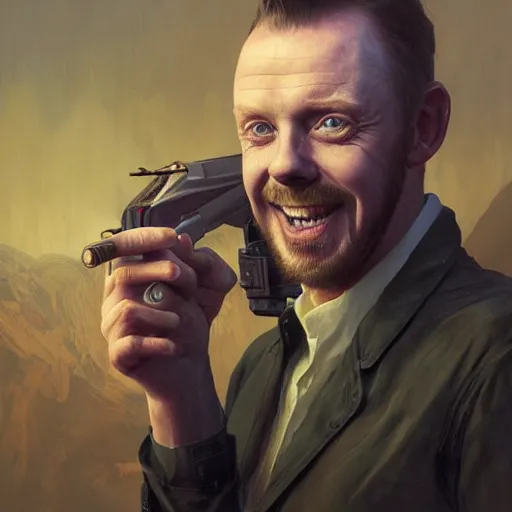 Image similar to portrait painting of simon pegg smiling like a winner with a winchester, ultra realistic, concept art, intricate details, eerie, highly detailed, photorealistic, octane render, 8 k, unreal engine. art by artgerm and greg rutkowski and alphonse mucha