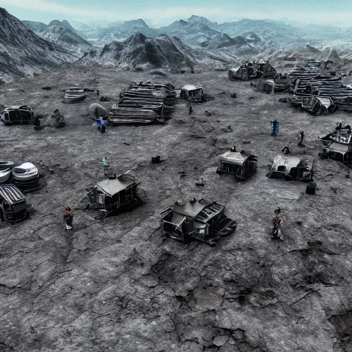 Image similar to Mining camp full of alien slaves doing hard labour on a rocky dark planet, photorealistic
