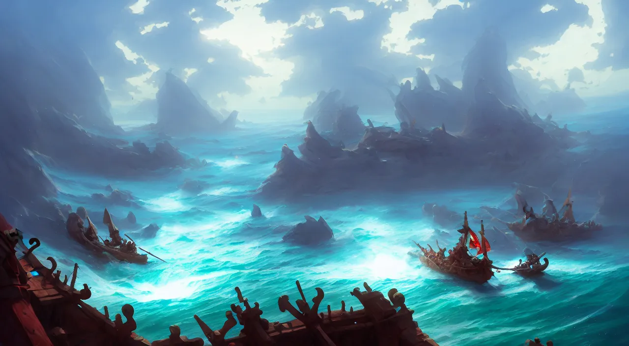 Image similar to concept art of a medieval battles in the sea, volumetric lighting, digital pixel art, pixiv, official fanart behance hd by Jesper Ejsing, by RHADS, Makoto Shinkai and Lois van baarle, ilya kuvshinov, rossdraws global illumination