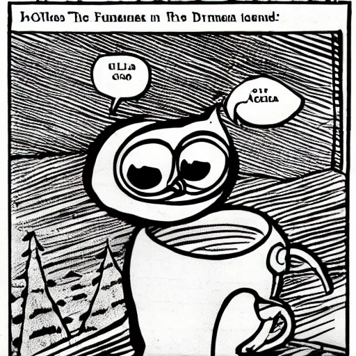 Image similar to black and white comic of a line drawn humanoid owl holding a mug