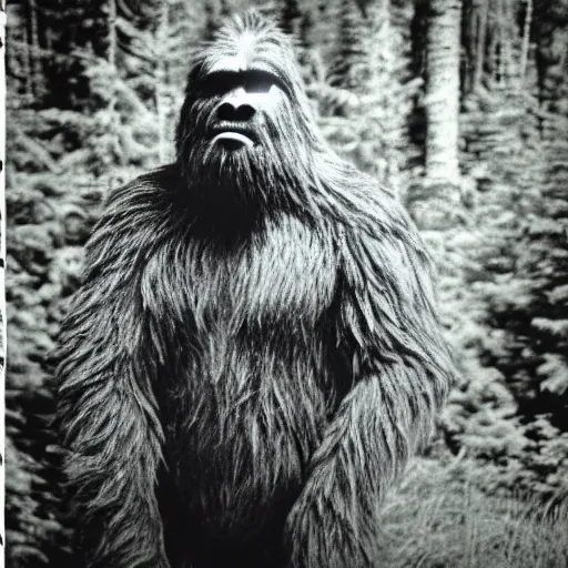 Image similar to a trailcam photo of a real life bigfoot, grainy, vintage, crt