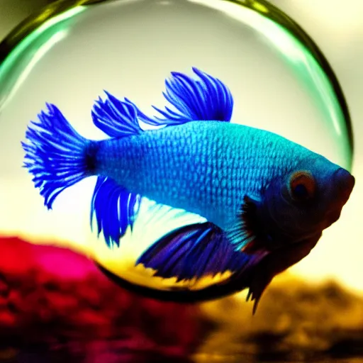 Prompt: a rainbow colored betta fish in a transparent bubble, white background, trending on artstation, cinematic composition, details, realistic