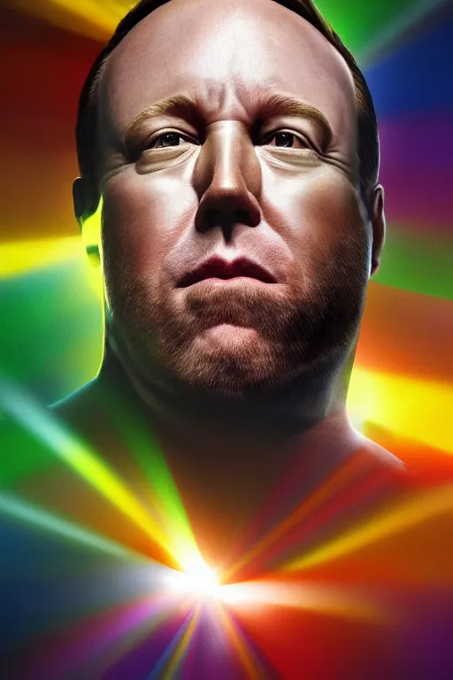 Prompt: A hyper realistic ultra realistic photograph of Alex Jones as the second coming of christ, his head surrounded by light, his face sliding off his skull by Brandon Hughes , detailed, photorealistic imagery, 8k quality, skittles and milk coming out of his nose