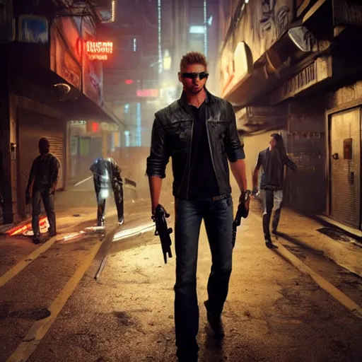 Image similar to a detailed full body painting of an extremely handsome jensen ackles as the terminator walking down a dark alley in cyberpunk 2 0 7 7, holding two sawed off shotguns, volumetric lighting, octane render, 8 k, art by greg rutkowski and albert bierstadt and alphones mucha