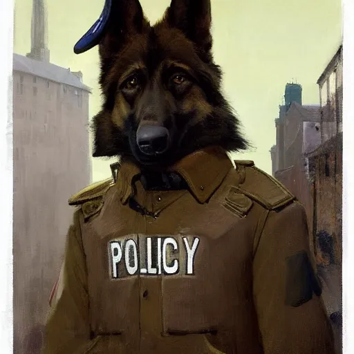 Image similar to new york city portrait of furry anthro anthropomorphic german shepard head animal person fursona wearing clothes nypd traditional police uniform in the alley, sunny day, digital art by Nerdrum John, William Waterhouse, Winslow Homer, Alex Heywood, Jordan Grimmer, Darren Quach, Greg Rutkowski, Simon Stalenhag, trending on Artstation, CGSociety