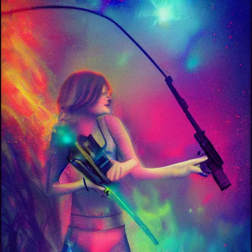 Image similar to Emma Stone with gun swimming in chromatic distortions in misty mysterious place, beautiful, psychedelic, lsd, trending on artstation, omnious, soft, artwork by Tran, Ross
