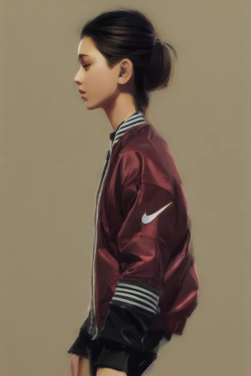 Image similar to A ultradetailed beautiful panting of a stylish girl wearing an oversized Nike jacket, Oil painting, by Ilya Kuvshinov, Greg Rutkowski and Makoto Shinkai