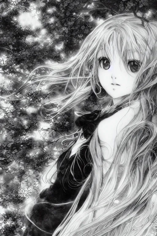 Image similar to a portrait of a character in a scenic environment by Yoshitaka Amano, black and white, dreamy, dark eyes, wavy silver hair, highly detailed